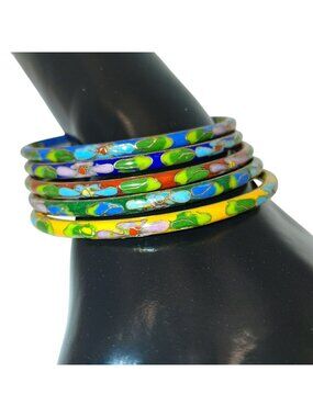 Multicolor Cloisonné 5 Bangle Bracelets Hand-Painted Floral Enamel Vibrant VTG